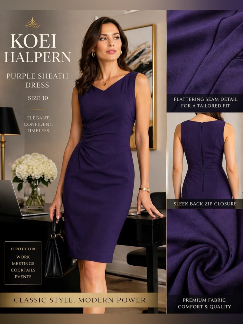 KOEI HALPERN Purple Sheath Dress Size 10 Sleeveless Knee Length Career Cocktail